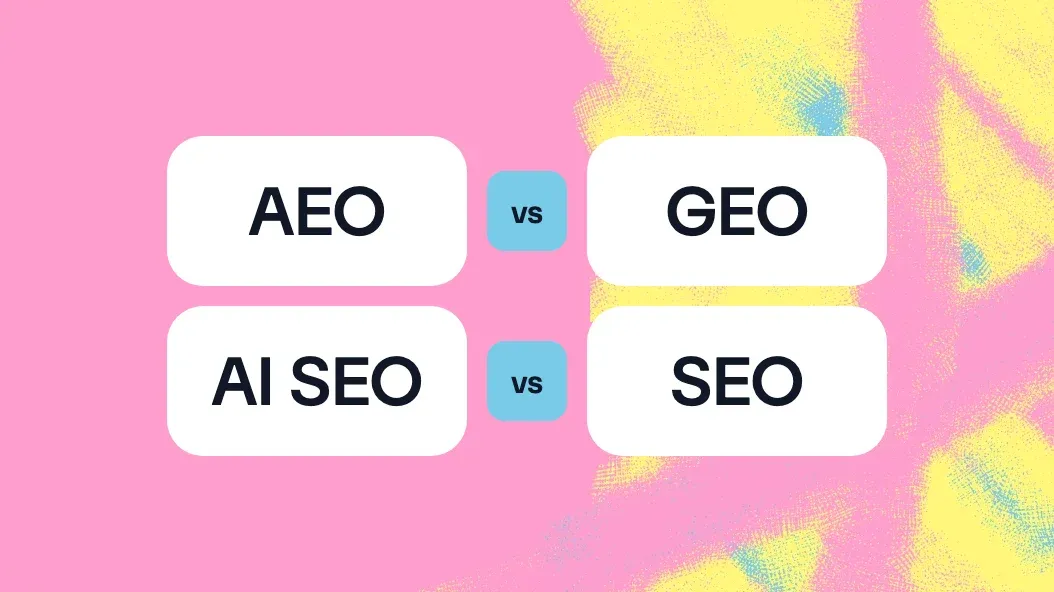AEO vs GEO y AI SEO vs SEO escritos en cuatro fichas blancas
