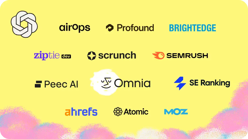 ChatGPT logo beside the logos of AirOps, Profound, BrightEdge, ZipTie, Scrunch, Semrush, Peec AI, Omnia, SE Ranking, Ahrefs, Atomic and Moz