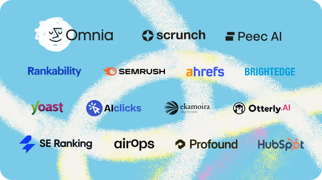 Logos of 15 rank tracking tools, including Omnia, Scrunch, Peec AI, Semrush, Ahrefs, BrightEdge, Profound and HubSpot