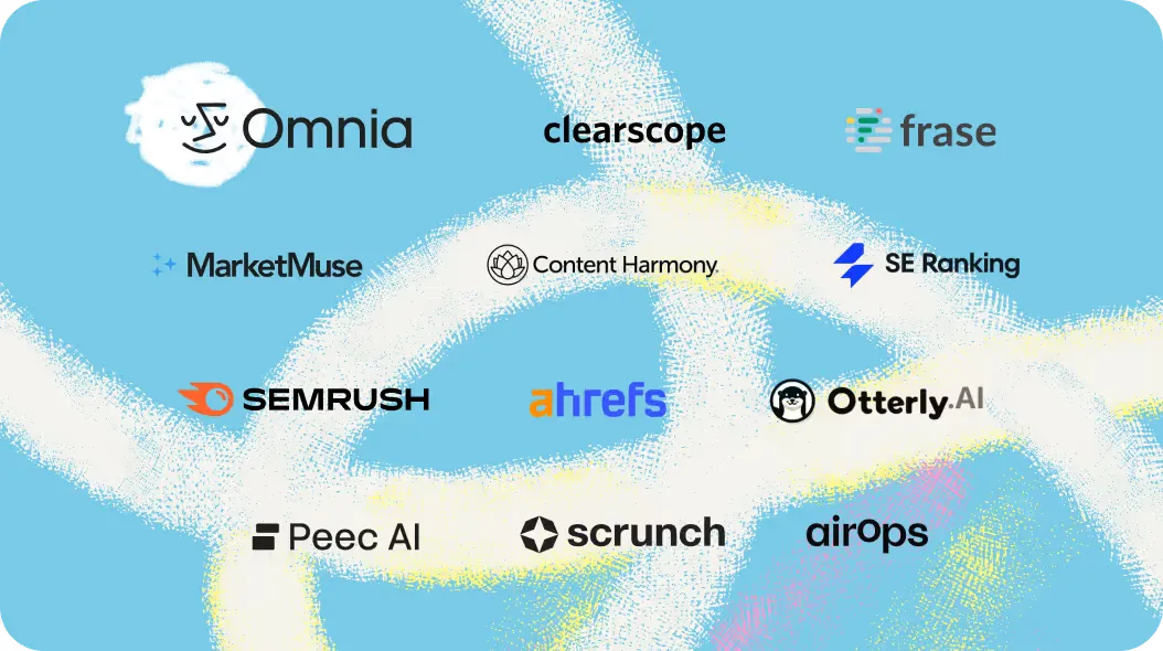 Logos of Surfer SEO alternatives: Omnia, Clearscope, Frase, MarketMuse, Content Harmony, SE Ranking, Semrush, Ahrefs, Otterly.AI, Peec AI, Scrunch and AirOps