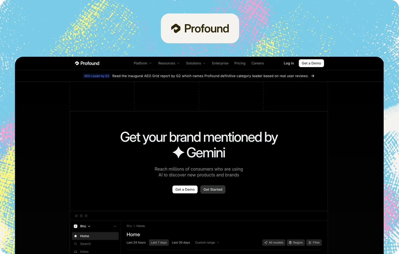 Profound homepage, "Get your brand mentioned by Gemini", above its dashboard with model, region and date range filters