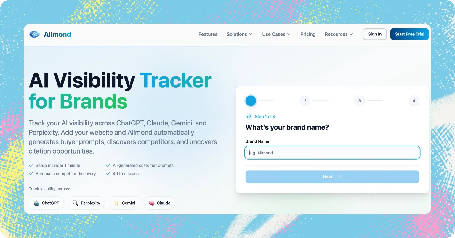 Allmond homepage: “AI Visibility Tracker for Brands”, with a brand setup form and tracking for ChatGPT, Perplexity, Gemini and Claude