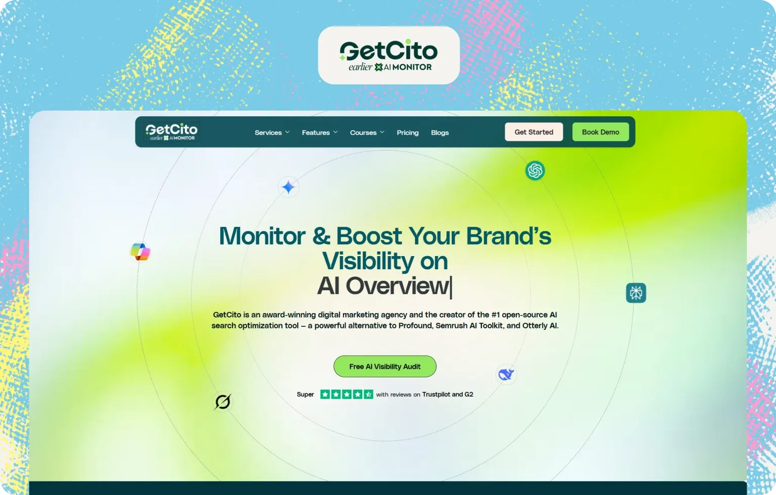 GetCito homepage, “Monitor & Boost Your Brand’s Visibility on AI Overview”, with a free AI visibility audit offer