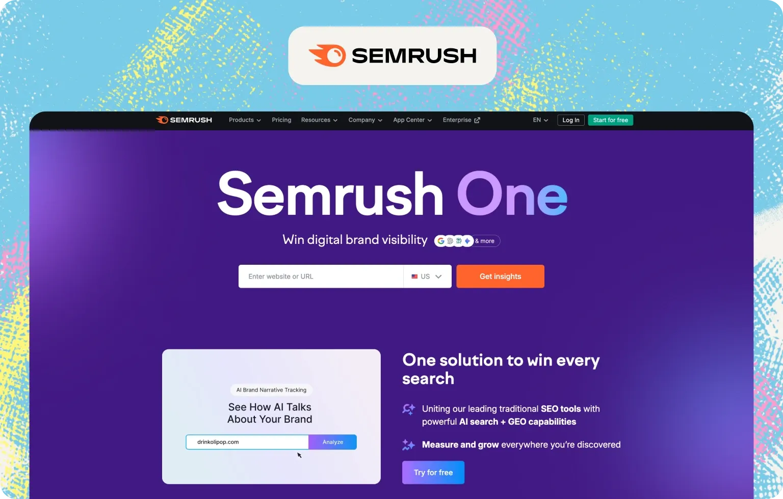 Semrush One homepage: "Win digital brand visibility", pairing SEO tools with AI search and GEO features like AI brand narrative tracking