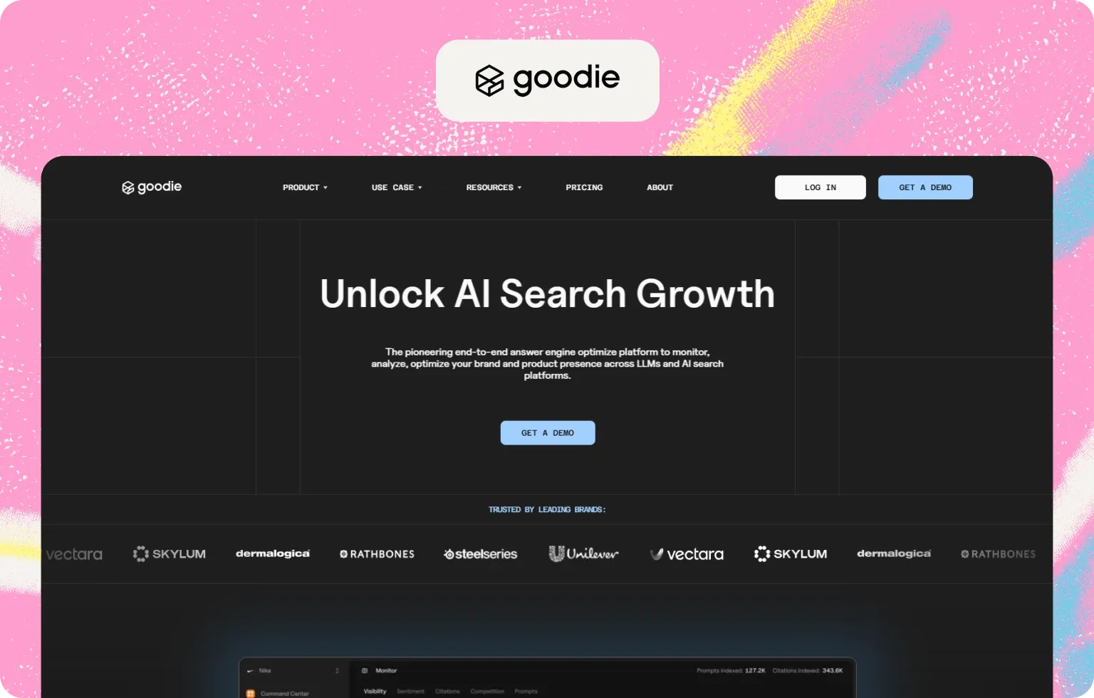 Goodie homepage, "Unlock AI Search Growth", an answer engine optimization platform trusted by brands such as Unilever, SteelSeries and Dermalogica