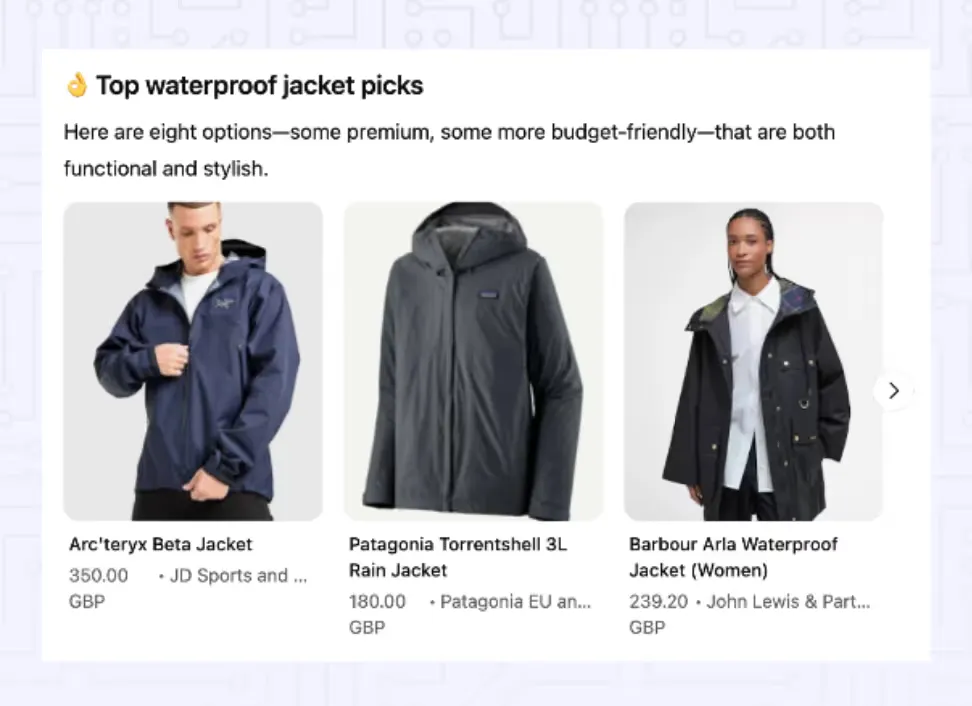 ChatGPT answer “Top waterproof jacket picks” recommending the Arc'teryx Beta (350 GBP), Patagonia Torrentshell 3L (180 GBP) and Barbour Arla (239.20 GBP)