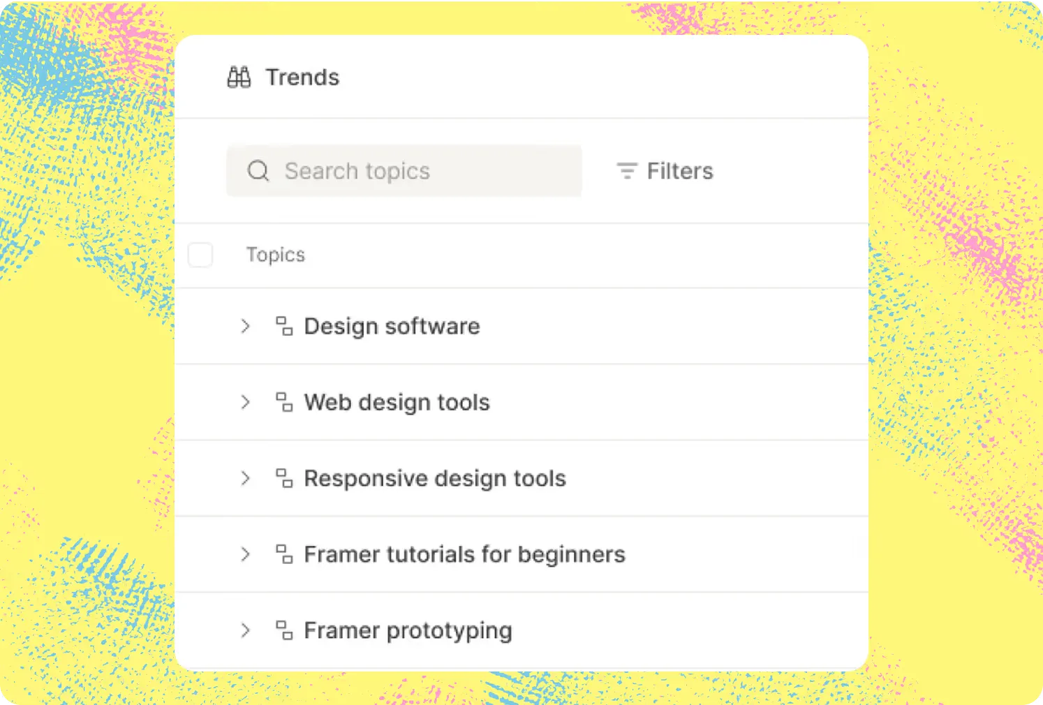 Lista de temas en la sección Trends de Omnia, con búsqueda y filtros