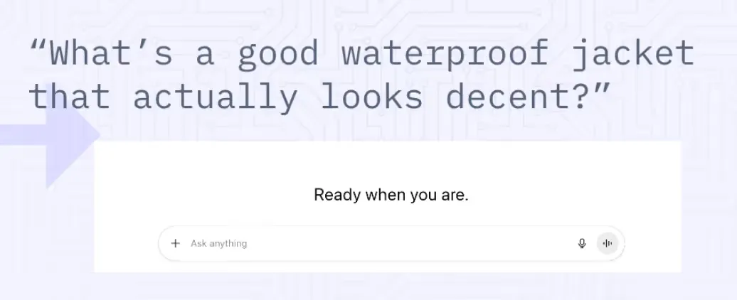 The decision prompt “What’s a good waterproof jacket that actually looks decent?” about to be typed into an empty ChatGPT chat