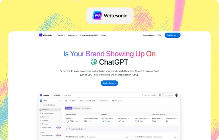 Writesonic homepage, “Is Your Brand Showing Up On ChatGPT”, with a GEO dashboard of brand visibility, citations, competitor market share and AI recommendations