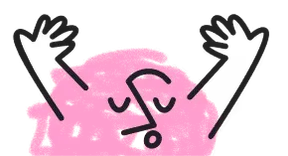 Personaje de dibujos animados rosa y redondo con los ojos cerrados, la boca abierta y los brazos en alto, en actitud alegre o de celebración.