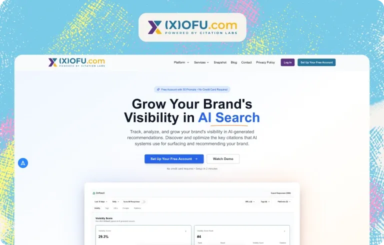 Xofu homepage, “Grow Your Brand’s Visibility in AI Search”, offering a free account with 50 prompts and a visibility score dashboard