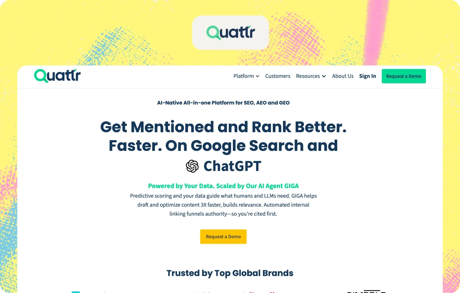 Quattr home page, an all-in-one SEO, AEO and GEO platform promising to get brands mentioned on Google Search and ChatGPT with its AI agent GIGA