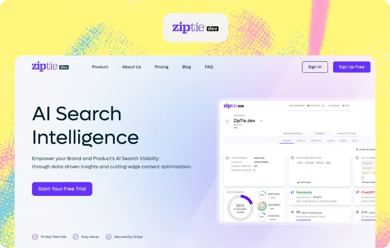 ZipTie.dev homepage, “AI Search Intelligence”, with a project dashboard showing a 20% AI success score, mentions, sentiment and citations